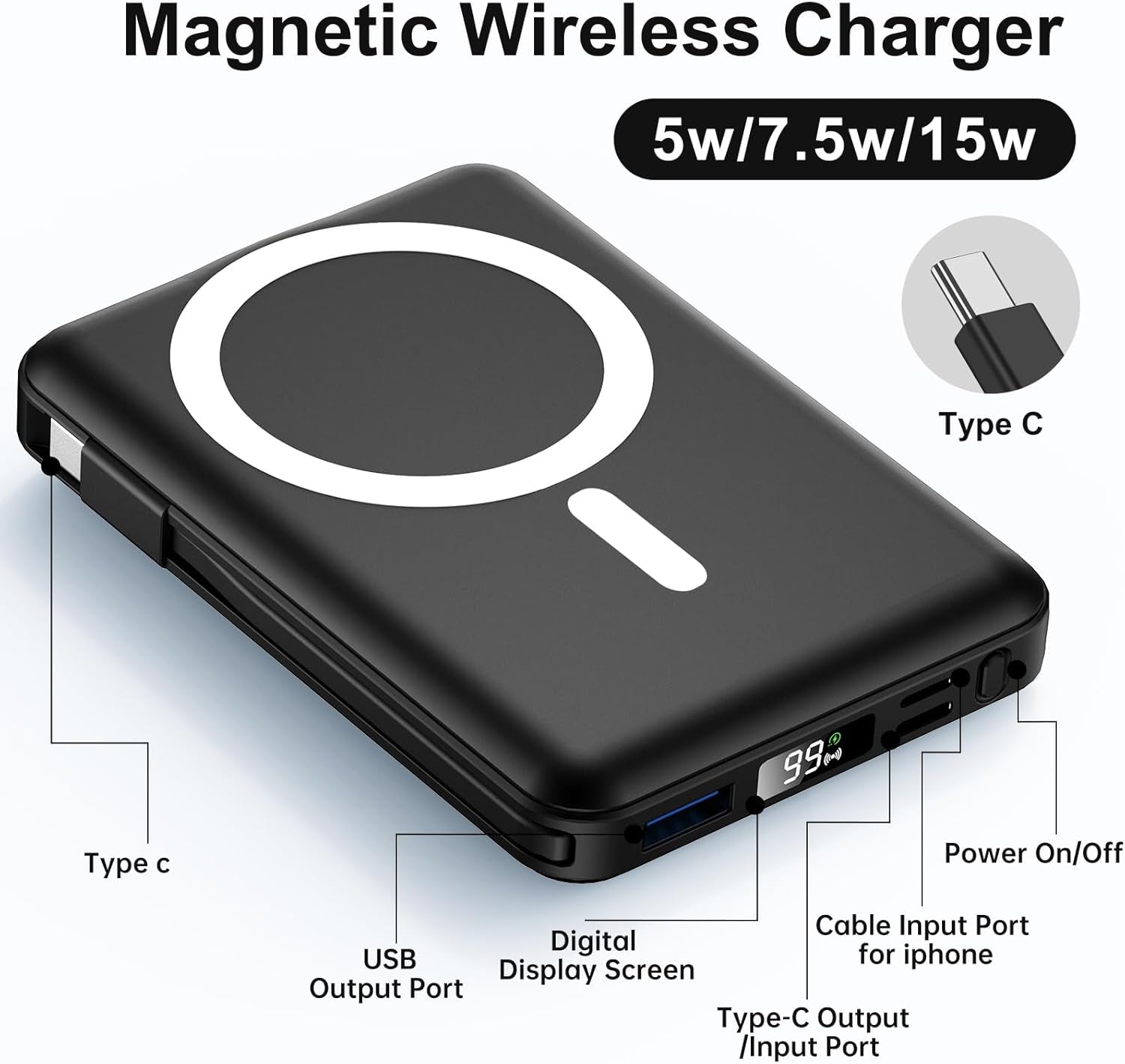 For Magsafe Power Bank, 10000Mah Magnetic Power Bank with USB-C Cable and PD 20W USB C Fast Charging LED Display, Wireless Portable Charger for Iphone 17/16/15/14/13/12/Pro/Pro Max